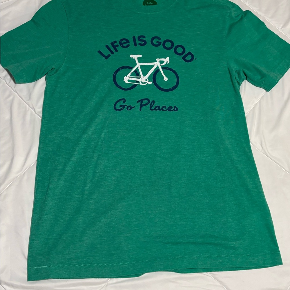 Life Is Good Green Short Sleeve Tee with Bicycle Graphic